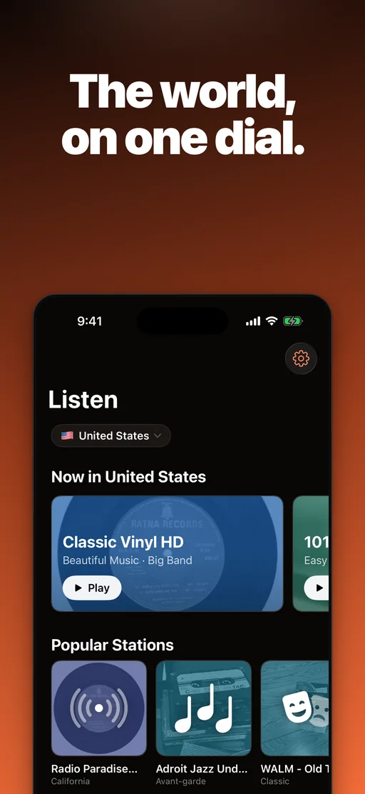 Worldwave Listen screen with a country picker, a featured station and popular stations