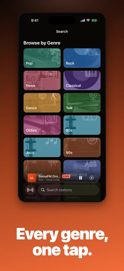 Worldwave Browse by Genre grid with jazz, rock, news and more