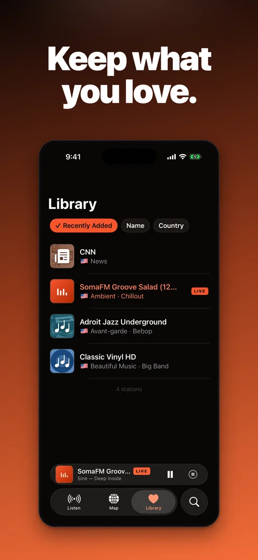 Worldwave Library with saved favorite stations and sort options