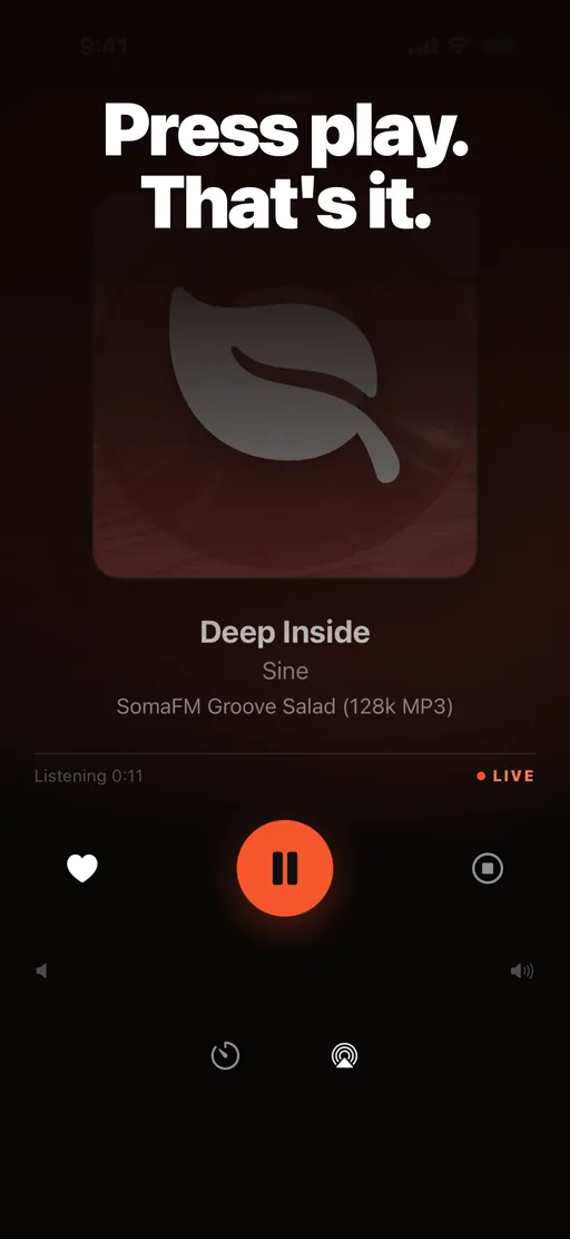 Worldwave full player showing the live track title and station artwork