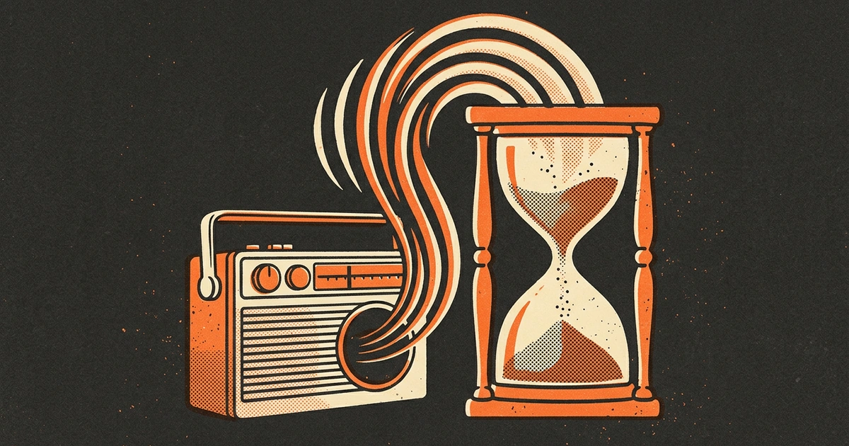 A vintage transistor radio sending orange and cream sound waves into a tall hourglass
