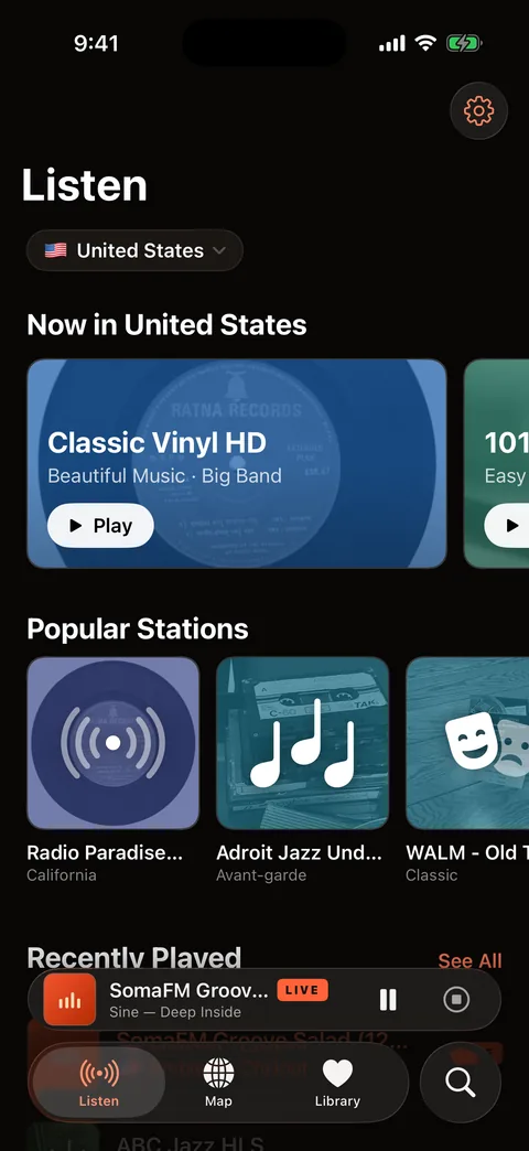 Worldwave Listen screen showing stations in the United States