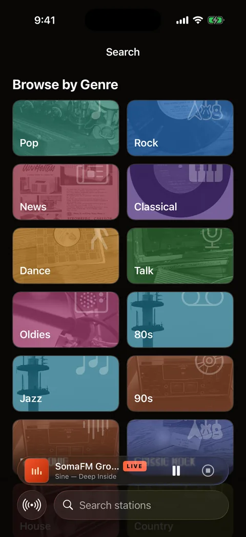 Worldwave Browse by Genre screen with colorful genre tiles
